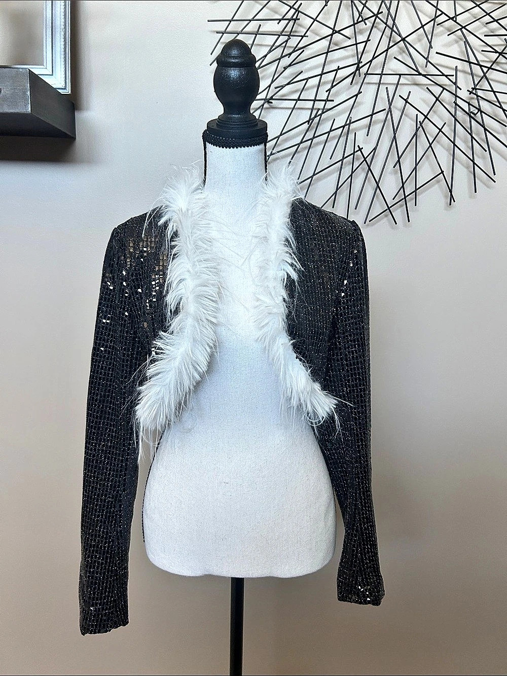 NWOT Black Sequin Feather Trim Bolero Sz S-M